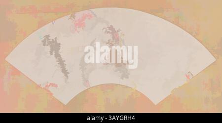 Eine abstrakte Komposition mit einer geschwungenen Form, die weiche Farbtöne und strukturierte Bereiche miteinander verbindet und ein Gefühl von Tiefe und Komplexität schafft. Dezente Farben vermischen sich mit schwachen Konturen und erzeugen eine traumhafte Atmosphäre. Japanisch: Fan - Landschaft mit Pferd und Brücke, Unbekannter Künstler, Japanisch, wahrscheinlich 1822, Pinsel und Tinte mit rotem Tintensiegel auf japanischem Papier, insgesamt 9 3/8 x 20 1/8 Zoll (23,8 x 51,1 cm) Klassische Kunst mit modernem Touch, neu interpretiert von Artotop Stockfoto