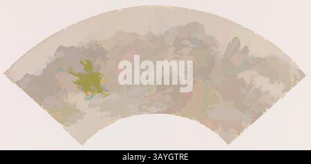 Eine abstrakte Interpretation einer Landschaft mit weichen, verschmolzenen Formen und gedämpften Farben, die ein Gefühl von Ruhe und Tiefe hervorrufen. Die geschwungene Komposition vermittelt einen weiten Blick, der durch stilisierte Formen und subtile Kontraste auf die Schönheit der Natur hinweist. Wang Shimin: Fan - Berglandschaft, Wang Shimin, 1665, Tinte auf japanischem Papier Klassische Kunst mit einem modernen Twist, neu interpretiert von Artotop Stockfoto