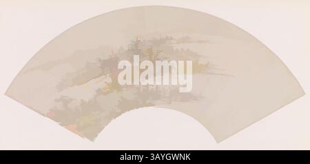 Eine große, abstrakte, geschwungene Form mit weichen, gemischten Farben und dezenten Texturen, die an eine ruhige Landschaft oder einen sanften Horizont erinnern. Die Komposition weckt ein Gefühl von Ruhe und Fließfähigkeit. Wang Yuanqi: Fan - Wooded Islands, Wang Yuanqi, 1691, Tinte auf Papier Klassische Kunst mit einem modernen Twist, neu interpretiert von Artotop Stockfoto