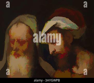 Zwei Figuren mit ausgeprägten Gesichtszügen und Gesichtsausdrücken, eine mit einem langen weißen Bart und die andere mit einem Hut und einem gepflegten Bart. Ihr zielgerichtetes Verhalten deutet auf einen Moment tiefer Besinnung oder Konversation hin, vor einem dunklen Hintergrund, der ihre Präsenz betont. Bonifazio de' Pitati, Giorgione: Zwei Propheten, Bonifazio de' Pitati, Giorgione, um 1520, Öl auf Leinwand, das dem venezianischen Künstler Bonifazio de' Pitati zugeschrieben wird, zeigt dieses Gemälde zwei bärtige Männer, die entweder Propheten oder Philosophen sind. Mit den Figuren aus nächster Nähe und vor einer mehrdeutigen Dunkelheit Stockfoto