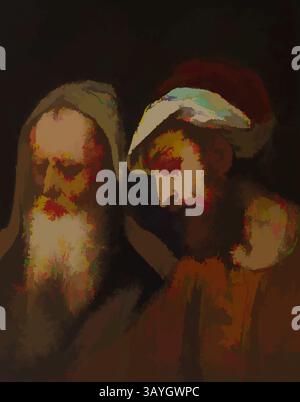 Zwei Figuren mit unterschiedlichen Merkmalen teilen sich einen intimen Moment, deren Ausdruck ein Gefühl der Kontemplation und Verbindung vermittelt. Der eine hat einen langen weißen Bart und eine Kapuze, während der andere einen lebendigen Kopfschmuck trägt, der auf eine Geschichte oder Weisheit hindeutet. Die weichen, gemischten Farben schaffen eine traumhafte Atmosphäre und verstärken ihre rätselhafte Präsenz. Bonifazio de' Pitati, Giorgione: Zwei Propheten, Bonifazio de' Pitati, Giorgione, um 1520, Öl auf Leinwand, das dem venezianischen Künstler Bonifazio de' Pitati zugeschrieben wird, zeigt dieses Gemälde zwei bärtige Männer, die entweder Propheten oder Philosophen sind Stockfoto