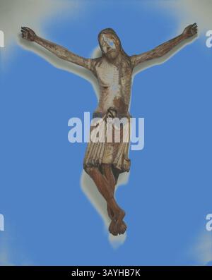 Eine Figur des Christus am Kreuz, dargestellt mit detaillierten Details und einem fließenden Kleid, strahlt ein ergreifendes Gefühl von Opferbereitschaft und Ehrfurcht vor einem blauen Hintergrund aus. Korpus Christi, 13. Jahrhundert, Spanisch, Katalonien, Katalonien, Holz mit polychromen Spuren, 201,9 x 165,1 cm (79 1/2 x 65 Zoll) Klassische Kunst mit modernem Touch, neu interpretiert von Artotop Stockfoto