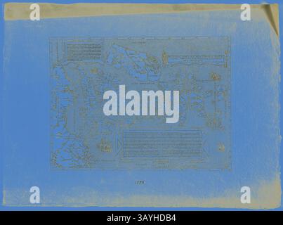 Eine alte Karte mit den geografischen Merkmalen und historischen Noten einer bestimmten Region, verziert mit dekorativen Borten und Inschriften, datiert 1856. Die Karte zeigt verschiedene Sehenswürdigkeiten und interessante Bereiche und gibt Einblicke in die kartographischen Stile der Zeit. Britannia, 1558, Nachdruck 1889, Unbekannter Künstler, Englisch, 19. Jahrhundert, England, Holzschnitt in Schwarz auf cremefarbenem Büttenpapier, 258 x 350 mm Klassische Kunst mit einem modernen Twist von Artotop Stockfoto