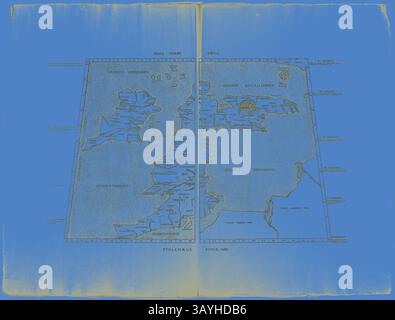 Eine historische Karte, die die Gebiete der ptolemäischen Geographie darstellt und Regionen wie Iberien, Britannia und die umliegenden Meere sowie Navigationsdetails und alte Ortsnamen veranschaulicht. Prima Europe Tabula: Ptolemaeus Romae 1490, 1490, Nachdruck 1889, Unbekannter Künstler, Englisch, 19. Jahrhundert, England, Holzschnitt in Schwarz auf cremefarbenem Büttenpapier Klassische Kunst mit modernem Touch, neu gestaltet von Artotop Stockfoto