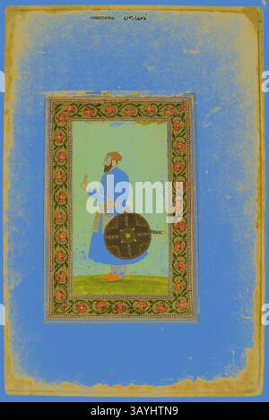 Eine königliche Figur in traditioneller Kleidung trägt einen Schild, der Stärke und Tapferkeit verkörpert. Die aufwändig gestaltete Borte unterstreicht die Eleganz der Szene mit floralen Mustern und lebhaften Farben, die die Bedeutung und das Erbe des Motivs hervorheben. Albumseite mit einem Porträt von Namdar Khan (Seite A) und kalligraphischen Exemplaren (Seite B), Mogulzeit, Ende des 17. Jahrhunderts (Malerei und Grenzen), 16./17. Jahrhundert (Kalligraphie), Indien, Indien, undurchsichtige Aquarelle und Gold auf Papier, Bild: 17,8 x 9,8 cm (7 x 3 7/8 Zoll), Rand: 23,8 x 15,9 cm (9 3/8 x 6 1/4 Zoll), Papier: 41,3 x 27,1 cm (16 1/4 x cm Stockfoto