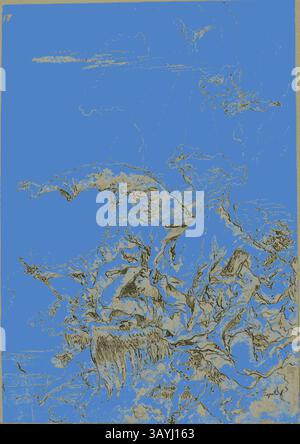 Eine wirbelnde Komposition abstrakter Formen und Linien fängt eine dynamische Szene ein und verbindet organische Formen mit Bewegungsgefühl vor einem lebendigen Hintergrund. Das Zusammenspiel von Licht und Schatten sorgt für Tiefe und vermittelt ein Gefühl von Landschaften aus der anderen Welt oder fließenden Ausblicken. Gott Vater unterstützt von Engeln in Wolken, II, ca. 1759, Giovanni Domenico Tiepolo, Italienisch, 1727-1804, Italien, Stift und braune Tinte, mit Pinsel und brauner Waschung, über Spuren von schwarzer Kreide, auf Papier, 280 x 197 mm Klassische Kunst mit modernem Twist, neu interpretiert von Artotop Stockfoto