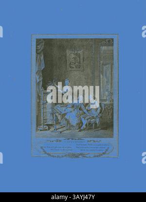 Eine stilvolle Inneneinrichtung zeigt eine Gruppe von elegant gekleideten Personen, die Gespräche führen. Eine Person steht und bewegt sich in Richtung einer sitzenden Figur, während eine andere sich bequem neigt. Dekorative Möbel und Kunstwerke unterstreichen die elegante Atmosphäre und lassen einen Moment der Freizeit und der sozialen Interaktion entstehen. Die Besetzung, aus dem Monument du Costume Physique et Moral de la fin du Dix-huitième siècle, 1774, Charles Louis Lingée (französisch, 1748–1819), nach Sigmund Freudeberg (Schweizer, 1745–1801) und Jean Henri Eberts (Schweizer, 18. Jahrhundert), herausgegeben von Laurent-Francois Prault (französisch 1712-1780) Stockfoto