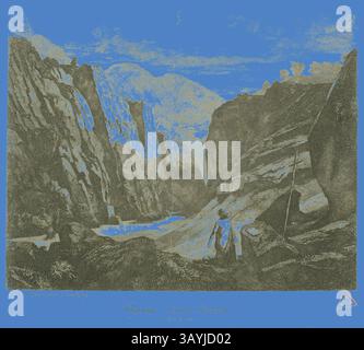 Eine ruhige Landschaft mit hoch aufragenden Klippen und einem sich windenden Fluss, mit einer Figur an der Vorderseite, die in die fernen Berge unter einem riesigen Himmel blickt. Die Szene erweckt ein Gefühl von Abenteuer und Entdeckungen in einer natürlichen Umgebung. Saint Jerome, 1840, Charles Francois Daubigny, Französisch, 1817-1878, Frankreich, Ätzen auf elfenbeinfarbenem Webpapier, 129 x 163 mm (Bild), 148 x 169 mm (Platte), 232 x 322 mm (Blatt) Klassische Kunst mit modernem Twist, neu interpretiert von Artotop Stockfoto
