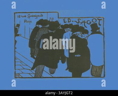 Eine geschäftige Straßenszene zeigt eine Gruppe elegant gekleideter Personen mit Kopfbedeckungen, die gezielt an einem Gebäude vorbeiziehen, das mit Schildern geschmückt ist. Die lebhafte Atmosphäre fängt einen Moment im urbanen Leben ein und unterstreicht die Mode und soziale Dynamik der Zeit. Print Fanciers, 1892, Félix Edouard Vallotton, Franzose, geb. Schweiz, 1865-1925, Frankreich, Holzschnitt in Schwarz auf cremefarbenem Webpapier, 185 x 253 mm (Bild), 251 x 327 mm (Blatt) Klassische Kunst mit modernem Twist von Artotop neu interpretiert Stockfoto