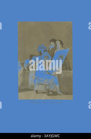 Eine Frau sitzt an einer Staffelei und konzentriert sich auf ihr Kunstwerk, während zwei Figuren eifrig neben ihr beobachten. Das Ambiente vermittelt ein Gefühl der Kreativität und Zusammenarbeit mit einem leuchtend blauen Hintergrund, der die dramatische Atmosphäre der Szene unterstreicht. Bis zum Tod, Platte 55 aus Los Caprichos, 1797/99, Francisco José de Goya y Lucientes, Spanisch, 1746-1828, Spanien, Etching, brünierter Aquatint und Trockenspitze auf elfenbeinfarbenem Büttenpapier, 190 x 132 mm (Bild), 215 x 150 mm (Platte), 320 x 218 mm (Blatt) Klassische Kunst mit einem modernen Twist, neu interpretiert von Artotop Stockfoto