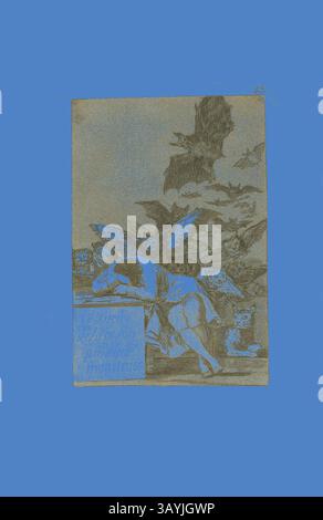 Eine surreale Szene mit einer liegender Figur, umgeben von fantastischen Kreaturen, darunter Fledermäuse und Eulen, vor einem intensiven blauen Hintergrund. Die Atmosphäre erinnert an eine Mischung aus traumhafter Mystik und Unheimlichkeit. The Sleep of Reason produziert Monsters, Platte 43 aus Los Caprichos, 1797/99, Francisco José de Goya y Lucientes, Spanisch, 1746-1828, Spanien, Ätzen und Aquatint auf elfenbeinfarbenem Papier, 180 x 120 mm (Bild), 212 x 150 mm (Platte), 303 x 198 mm (Blatt) Klassische Kunst mit modernem Twist von Artotop neu interpretiert Stockfoto