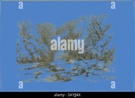 Eine ruhige Landschaft mit einem sanften Bach, der sich durch eine ruhige Umgebung schlängelt, umgeben von üppigen Bäumen und Felsen, mit einer bezaubernden Bogenbrücke im Hintergrund. Die Szene ruft eine friedliche und zeitlose Atmosphäre hervor, die zur Besinnung und Verbindung mit der Natur einlädt. Asche und Erle on the Greta, from the Park and the Forest, 1841, James Duffield Harding (englisch, 1798–1863), gedruckt von Charles Joseph Hullmandel (englisch, 1789–1850), herausgegeben von Thomas McLean (englisch, 1788–1875), England, Lithograph in schwarz, mit Grautönung von einer zweiten Platte, auf elfenbeinfarbenem Webpapier, gelegt auf elfenbeinfarbenem Webpapier ( Stockfoto