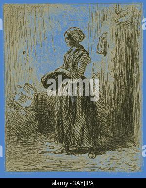Eine Frau in alten Kleidern steht nachdenklich, hält einen Korb in der Hand, inmitten einer rustikalen Umgebung mit strukturierten Wänden und einem Blick auf Haushaltsgegenstände um sie herum. Die Szene fängt einen Moment der stillen Reflexion in ihrem täglichen Leben ein. Stehende Bauernfrau, 1845, Charles Emile Jacque, Französisch, 1813-1894, Frankreich, Ätzen und Roulette auf cremefarbenem Chine, 87 x 71 mm (Bild), 91 x 73 mm (Blatt) Klassische Kunst mit modernem Twist, neu interpretiert von Artotop Stockfoto