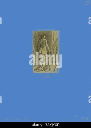 Eine schlanke Figur steht elegant neben einem drapierten Vorhang. Das Kunstwerk fängt einen Moment der Anmut und Weiblichkeit ein, geprägt von sanften Kurven und einem ausgeglichenen Ausdruck vor einem lebendigen Hintergrund. Das Stück weckt ein Gefühl von zeitloser Schönheit und künstlerischem Können. Stehende Frau mit Pelz, 1879, Félicien ROPS, Belgier, 1833-1898, Belgien, Heliogravure, mit Trockenspitze, auf cremefarbenem Büttenpapier, 133 x 87 mm (Bild), 141 x 89 mm (Platte), 371 x 276 mm (Blatt) Klassische Kunst mit modernem Twist, neu interpretiert von Artotop Stockfoto