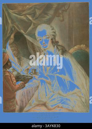 Eine Frau in raffinierter Kleidung sitzt anmutig und hält eine Tasse, während ein junger Diener ihr ein Tablett überreicht. Reiche Vorhänge und kunstvolle Möbel schaffen eine Atmosphäre der Opulenz und betonen die Eleganz der Szene. Madame du Barry, 1771, Jean-Baptiste-André Gautier D’Agoty, Französisch, 1740-1786, Frankreich, Farbe Aquatint, von Hand aufgetragen deckendes weiß und Prägung auf Büttenpapier, 399 x 312 mm (Platte), 447 x 336 mm (Blatt) Klassische Kunst mit einem modernen Twist, neu interpretiert von Artotop Stockfoto