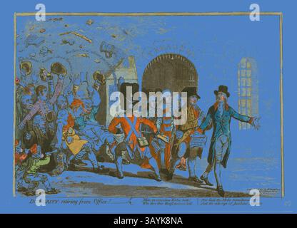 Eine skurrile Szene zeigt verschiedene Charaktere, die den Ruhestand einer Figur mit der Bezeichnung „Integrität“ aus dem Büro feiern, mit lebendigen Ausdrücken und raffinierten Kostümen. Die Kulisse bietet ein großes Gebäude mit der Bezeichnung „TREASURY“, während Zuschauer, darunter Beamte und Entertainer, an einer lebhaften Prozession teilnehmen und Themen wie Rechenschaftspflicht und Veränderung in der Regierungsführung hervorheben. Integrity pensioning from Office, veröffentlicht am 24. Februar 1801, James Gillray (Englisch, 1756–1815), herausgegeben von Hannah Humphrey (Englisch, ca. 1745-1818), England, handkolorierte Ätzung und Aquatint auf Papier, 237 x 347 mm (Bild Stockfoto