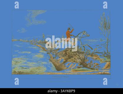 Ein Reiter in einem leuchtenden roten Fell navigiert anmutig auf einem felsigen Pfad zu Pferd, umgeben von einer ruhigen Landschaft mit sanften Hügeln und kargen Bäumen unter klarem Himmel. Swishing at a Rasper, Plate Six from unverzichtbare fulshments, veröffentlicht am 24. Juni 1811, Sir Robert Frankland (Englisch, 1784-1849), herausgegeben von Hannah Humphrey (Englisch, ca. 1745-1818), England, handgefärbte Ätzung auf Papier, 189 x 269 mm (Bild), 213 x 294 mm (Platte), 236 x 330 mm (Blatt) Klassische Kunst mit einem modernen Twist von Artotop neu interpretiert Stockfoto