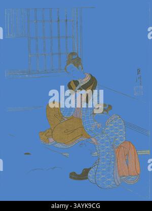 Zwei Figuren in traditioneller Kleidung sitzen zusammen, in ihre Aktivitäten eingefressen. Einer scheint in eine nachdenkliche Geste verwickelt zu sein, während der andere herunterschaut und sich scheinbar auf etwas kleines zwischen ihnen konzentriert. Ihre Kleidungsstücke sind mit komplizierten Mustern versehen, die der Szene einen Eindruck von kultureller Tiefe verleihen. Ein Fenster im Hintergrund deutet auf eine ruhige und intime Umgebung hin. Evening Snow on a Floss Shaper (Nurioke no bosetsu), aus der Serie Acht Views of the Parlor (Zashiki hakkei), um 1766, Suzuki Harunobu 鈴木 春信, Japanisch, 1725 (?)-1770, Japan, Farbholzdruck, Chuban, 28,7 x 21,6 cm (11 1/4 Stockfoto