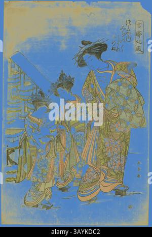 Eine ruhige Szene mit drei elegant gekleideten Frauen in traditioneller Kleidung, verziert mit komplizierten Mustern und lebhaften Farben. Die Umgebung vermittelt einen kulturellen oder historischen Kontext, mit architektonischen Elementen im Hintergrund und stilisierten natürlichen Elementen, die einen Moment der Anmut und Schönheit einfangen. Die Kurtisane Michinoku vom Tsutaya-Haus mit ihrem Kamuro Midare und Shinobu, aus der Serie Kikkaku Hokufu, ca. 1774, Katsukawa Shunsho 勝川 春章, Japanisch, 1726-1792, Japan, Farbholzdruck, oban, 39,5 x 28,2 cm (15 1/2 x 11 1/8 Zoll) Klassische Kunst mit modernem Touch, neu interpretiert von Artotop Stockfoto