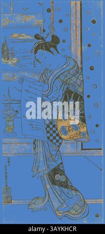 Eine anmutige Figur in einem detailreichen Kimono steht bereit und untersucht eine mit eleganten Schriften gefüllte Schriftrolle, umgeben von einer dekorativen Kulisse mit ruhigen Landschaften und Blumenmotiven. Die Farben erinnern an einen auffälligen Kontrast und unterstreichen die traditionelle Eleganz der Szene. Kurtisane Reading a Letter, ca. 1745, Ishikawa Toyonobu, Japanisch, 1711-1785, Japan, handkolorierter Holzschnitt, toku-oban, urushi-e, 50,6 x 23,0 cm (19 3/4 x 9 Zoll) Klassische Kunst mit modernem Touch, neu interpretiert von Artotop Stockfoto
