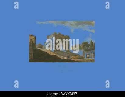 Ein uralter Bogengang steht majestätisch inmitten einer Landschaft, umgeben von Bäumen und Ruinen. Figuren in der Nähe führen eine gemütliche Unterhaltung und deuten auf den Lauf der Zeit und Geschichte hin. Satte Farben und ein lebendiger Himmel unterstreichen die nostalgische Atmosphäre dieser historischen Szene. Janus’s Arch, Platte zwanzig aus den Ruinen von Rom, veröffentlicht am 6. Dezember 1796, M. Dubourg, Active 1786-1838), herausgegeben von J. Merigot (Italienisch, Unknown), England, handkolorierter Aquatint auf Papier, 330 x 448 mm (Blatt) Klassische Kunst mit einem modernen Twist, neu interpretiert von Artotop Stockfoto