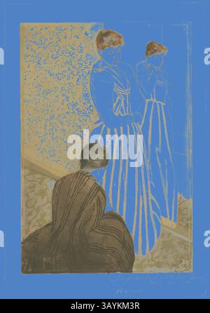 Zwei Frauen in eleganten Kleidern stehen in einem Raum, die eine blickt nachdenklich, die andere scheint in der Besinnung verloren zu sein. Die Szene wird durch einen lebendigen Hintergrund mit komplizierten Mustern unterstrichen, die der Umgebung ein Gefühl von Tiefe und Charakter verleihen. The Fitting, 1890–91, Mary Cassatt (amerikanisch, 1844–1926), bedruckt mit Leroy (Französisch, aktiv 1876–1900), USA, Color Aquatint mit Trockenpunkt von drei Platten, auf elfenbeinfarbenem Papier, 377 x 256 mm (Platte), 437 x 298 mm (Blatt) Klassische Kunst mit modernem Twist neu interpretiert von Artotop Stockfoto