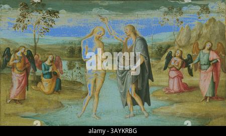 Die Szene zeigt die Taufe einer Figur, umgeben von Engelswesen in einer ruhigen natürlichen Umgebung. Eine Figur, wahrscheinlich Johannes der Täufer, gießt Wasser über die andere, symbolisiert die Reinigung. Üppige Bäume, sanfte Hügel und ein ruhiger Bach bilden eine friedliche Kulisse und verstärken die spirituelle Atmosphäre des Augenblicks. Die Taufe Christi, 1500/05, Perugino (Pietro di Cristoforo Vannucci), Italienisch, 1445/46-1523, Italien, Tempera an der Podiumsdiskussion, auf Leinwand übertragen, 27,3 x 46,4 cm (10 3/4 x 18 1/4 Zoll) Klassische Kunst mit modernem Touch, neu interpretiert von Artotop Stockfoto