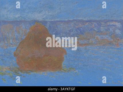 Eine ruhige Landschaft mit einem einsamen Heuhaufen inmitten von fließenden Feldern und fernen Hügeln, die in sanften Pastelltönen getaucht sind, die ein Gefühl der Ruhe und Gelassenheit hervorrufen. Der Himmel ist voller sanfter Blautöne und lebendiger Akzente, die die ruhige Atmosphäre der Szene unterstreichen. Weizenstapel (Schneeeffekt, bedeckter Tag), 1890/91, Claude Monet, Französisch, 1840-1926, Frankreich, Öl auf Leinwand, 66 x 93 cm (26 x 36 5/8 Zoll) Klassische Kunst mit modernem Touch, neu interpretiert von Artotop Stockfoto
