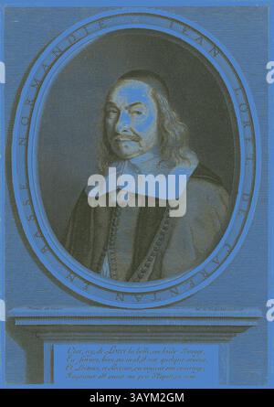 Ein aufwendig detailliertes Porträt einer historischen Figur, prominent eingerahmt mit einer kunstvollen Grenze, mit einem harten Ausdruck und einem markanten Kragen vor einem lebendigen Hintergrund. Jean Loret, 1658, Robert Nanteuil, Französisch, 1623-1678, Frankreich, Gravur auf Papier, 257 x 182 mm Klassische Kunst mit einem modernen Twist von Artotop Stockfoto