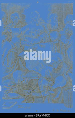 Eine Zusammenkunft von Figuren in einer dramatischen Szene, die durch komplizierte Details und ausdrucksstarke Gesichter gekennzeichnet ist und einen Moment der Interaktion und Emotionen unter den Teilnehmern zeigt. Das letzte Abendmahl, 1615/1620, Jan Harmensz Muller (Niederländisch, 1571-1628), nach Lucas van Leyden (Niederländisch, ca. 1494-1533), Holland, Gravur in Schwarz auf elfenbeinfarbenem Papier, 117 x 77 mm (Bild), 118 x 80 mm (Platte/Blatt, auf Plattenmarke zugeschnitten) Klassische Kunst mit modernem Twist von Artotop neu interpretiert Stockfoto