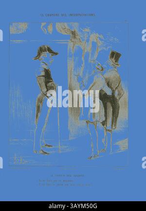 Eine hohe Figur mit Hut steht selbstbewusst und führt Gespräche mit zwei elegant gekleideten Personen, die alle vor einem leuchtend blauen Hintergrund stehen. Dialogblasen deuten auf eine Diskussion über einen Garten hin, was vielleicht einen tieferen sozialen Kommentar beinhaltet. Die Szene fängt einen Moment der Neugier und Intrige unter den Charakteren ein. Die Tuilerien, hier nicht rauchen, Sir!, Sie meinen im Garten?, Platte 10 aus Le Chapitre des Interprétations, 1843, Honoré Victorin Daumier, Französisch, 1808-1879, Frankreich, Lithografie in Schwarz auf poliertem Webpapier, 244 x 202 mm (Bild), 335 x 247 mm (Blatt) Klassische Kunst mit Stockfoto