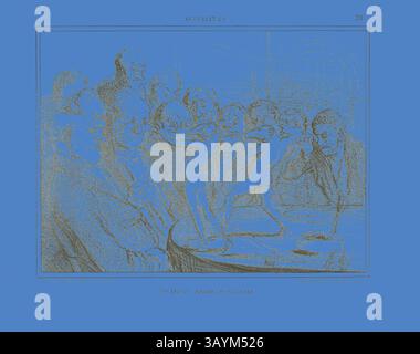 Eine Zusammenkunft aufmerksamer Einzelpersonen umgibt einen Tisch, die ernsthaft diskutiert werden, wobei der Schwerpunkt auf einer zentralen Figur liegt, die eine Skulptur demonstriert. Die Atmosphäre vermittelt eine Mischung aus Intrigen und akademischem Diskurs, die das Zusammenspiel von Kunst und Unterhaltung hervorhebt. Die Azteken vor den Wissenschaftlern, Platte 211 aus Actualités, 1855, Honoré Victorin Daumier, Französisch, 1808-1879, Frankreich, Lithografie in Schwarz auf weißem Webpapier, 190 x 254 mm (Bild), 255 x 324 mm (Blatt) Klassische Kunst mit einem modernen Twist von Artotop Stockfoto