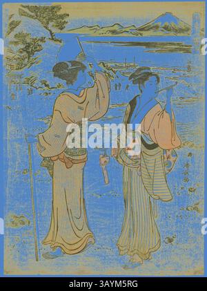 Zwei elegant gekleidete Figuren stehen an einer ruhigen Küste, mit Wellen, die sanft am Ufer plätschern. Eine Figur hält einen traditionellen Hut und blickt in die Ferne, während die andere scheinbar nachdenklich einen Snack genießt. Im Hintergrund trägt ein weiter entfernter Berg zur ruhigen Landschaft bei, der ein Gefühl der Harmonie zwischen Natur und Kultur weckt. Enoshima, aus der Serie Mount Fuji in the Four Seasons (Shiki no Fuji), ca. 1785, Torii Kiyonaga, Japanisch, 1752-1815, Japan, Farbholzdruck, Chuban, 25,7 x 18,9 cm Klassische Kunst mit modernem Touch, neu interpretiert von Artotop Stockfoto