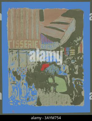 Eine lebhafte Straßenszene fängt das geschäftige Treiben einer Tisserie ein, in der sich Menschen zwischen bunten Markisen und lebhaften Ladenfronten mischen. Die verschiedenen Farbtöne sorgen für einen dynamischen Kontrast und betonen die Energie und den kulturellen Reichtum der Umgebung. The Konditorei, Teller Ten aus Landschaften und Innenräumen, 1899, Edouard Vuillard (Französisch, 1868-1940), gedruckt von Auguste Clot (Französisch, 1858-1936), herausgegeben von Ambroise Vollard (Französisch, 1867-1939), Frankreich, Farblithographie auf grauelfenbeinfarbenem Porzellanpapier, 356 x 277 mm (Bild), 403 x 318 mm (Blatt) Klassische Kunst mit modernem Twist von Artotop neu interpretiert Stockfoto