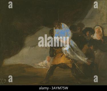 Eine dramatische Szene entfaltet sich, während eine Figur in einer schattigen Umgebung getragen wird, umgeben von Zuschauern, deren Ausdruck eine Mischung aus Besorgnis und Intrige ist. Die Atmosphäre vermittelt Dringlichkeit und Spannung und unterstreicht das emotionale Gewicht des Augenblicks. Der gehängte Mönch, ca. 1810, Francisco José de Goya y Lucientes, Spanisch, 1746-1828, Spanien, Öl auf Platte, 3/16 x 5/16 Zoll (31 x 39,2 cm) Klassische Kunst mit modernem Touch, neu interpretiert von Artotop Stockfoto