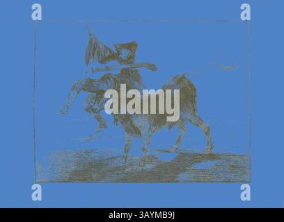 Eine lebendige Szene zeigt einen Musiker, der energetisch eine Gitarre spielt und auf dem Rücken einer weidenden Kuh balanciert. Die dynamische Pose fängt Freude und Spontaneität ein und verschmilzt die Welt von Musik und Natur. Möge Gott dich zurückzahlen, 1800/04, Francisco José de Goya y Lucientes, Spanisch, 1746-1828, Spanien, Ätzen, Aquatint und Trockenspitze auf Büttenpapier, 138 x 183 mm (Bild), 172 x 230 mm (Platte), 177 x 238 mm (Blatt) Klassische Kunst mit modernem Twist, neu interpretiert von Artotop Stockfoto