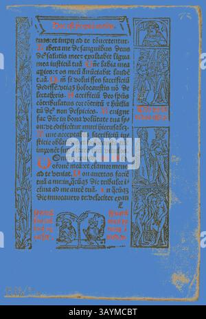 Eine antike Manuskriptseite mit verzierten Texten und Illustrationen. Der Hauptteil enthält eine geschriebene Erzählung sowie komplizierte dekorative Motive. Auf der rechten Seite zeigen die Bilder Figuren, die an verschiedenen Aktivitäten beteiligt sind und eine Mischung aus Geschichtenerzählungen und Kunstfertigkeit hervorheben, die typisch für historische Texte ist. Blatt aus Cursus Beate Marie Virginis (die Reise der Seligen Jungfrau Maria), Platte 31 aus Holzschnitten aus Büchern des 15. Jahrhunderts, um 1497, Sammelband 1929, Unbekannter Künstler (evtl. Basel, Ende des 15. Jahrhunderts), gedruckt und herausgegeben von Marcus Reinhard (1491–1989) 1497), Portfolio Stockfoto