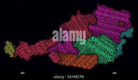 Österreich Regionen Wortwolken. Helles Neondesign auf dunklem Hintergrund. Ländernamen des Landes in deutscher Sprache. Stock Vektor