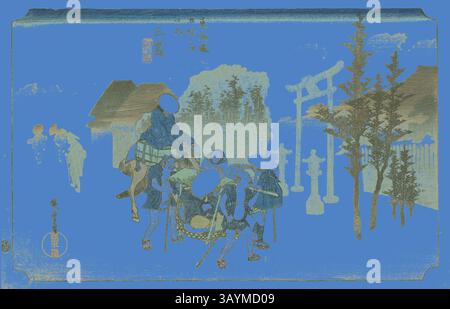 Eine mystische Szene vor einem leuchtend blauen Hintergrund mit Figuren in traditioneller Kleidung. Sie versammeln sich in der Nähe eines Torii-Tors, umgeben von stilisierten Bäumen und architektonischen Elementen, die ein Gefühl des kulturellen Erbes und der friedlichen Interaktion wecken. Mishima: Morning Mist (Mishima, asagiri), aus der Serie Fifty-Three Stations of the Tokaido Road (Tokaido gojusan tsugi no uchi), auch bekannt als Hoeido Tokaido, um 1833/34, Utagawa Hiroshige 歌川 広重, Japanisch, 1797-1858, Japan, Farbholzdruck, oban, 24,2 x 37,2 cm (9 1/2 x 14 5/8 Zoll) Klassische Kunst mit einem modernen Touch, neu gestaltet von Stockfoto