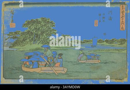 Eine ruhige Flusslandschaft bietet traditionelle Boote, gefüllt mit Menschen in lebendiger Kleidung und konischen Hüten, die sanft durch ruhiges Wasser navigieren. Üppiges Grün säumt das Ufer und bietet eine friedliche Kulisse für diesen harmonischen Moment. Kawasaki: Fährschiffe von Rokugo (Kawasaki, Rokugo no watashibune), aus der Serie 53 Stationen des Tokaido (Tokaido gojusan tsugi no uchi), auch bekannt als Gyosho Tokaido, ca. 1841/44, Utagawa Hiroshige 歌川 広重, Japanisch, 1797-1858, Japan, Farbholzdruck, Aiban, 21,6 x 33 cm (8 1/2 x 13 Zoll) Klassische Kunst mit einem modernen Touch, neu gestaltet von Stockfoto