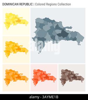 Kartensammlung Dominikanische Republik. Länderform mit farbigen Regionen. Blaugrau, Gelb, Bernstein, Orange, Deep Orange, braune Farbpaletten. Stock Vektor