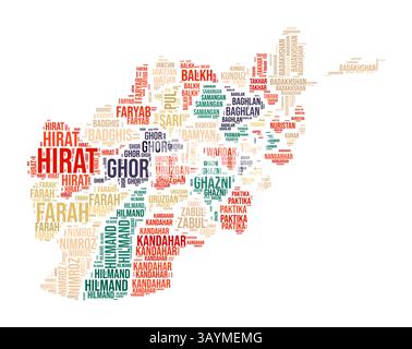 Afghanistan Word Cloud. Länderform mit Gebietseinteilung. Afghanisches Typografie-Stilbild. Bereichsnamen kennzeichnen Wolken. Vektorabbildung. Stock Vektor