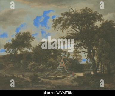 Eine ruhige Landschaft bietet ein malerisches Cottage, eingebettet zwischen hoch aufragenden Bäumen, mit einem mäandernden Schotterweg, der zu ihm führt. Im Vordergrund schreitet ein Reiter zu Pferd entlang des Weges, während verstreute Wolken über sich ziehen und einen dramatischen Ton über die Szene zaubern. Das üppige Grün und der rustikale Charme vermitteln ein Gefühl der Ruhe und Verbundenheit mit der Natur. Waldlandschaft mit Hütte und Reiter, 1663, Meindert Hobbema, Niederländisch, 1638-1709, Niederlande, Öl auf Leinwand, 101,9 x 131,4 cm (40 1/8 x 51 3/4 Zoll) Klassische Kunst mit modernem Touch, neu interpretiert von Artotop Stockfoto