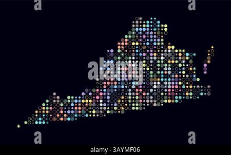Virginia, Form des Staates, gebaut aus farbigen Zellen. Digitale Karte von Virginia auf dunklem Hintergrund. Kleine Kreisblöcke. Stock Vektor