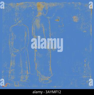 Die Szene zeigt zwei Figuren, eine stehend und die andere kontemplativ, vor einem abstrakten blauen Hintergrund. Die Figuren sind in zarten Linien dargestellt, die ein Gefühl von Ruhe und Selbstsicht vermitteln. Ein stilisiertes Gesicht schwebt im Hintergrund und verleiht der Komposition Tiefe und Intrige. Zwei Figuren (bezogen auf das Gemälde Tahiti-Landschaft), 1891/93, Paul Gauguin, Französisch, 1848-1903, Frankreich, Schwarze Kreide, mit einem Hauch von Aquarellen und Aquarellen auf cremefarbenem Webpapier, 352 x 369 mm Klassische Kunst mit einem modernen Touch, neu interpretiert von Artotop Stockfoto