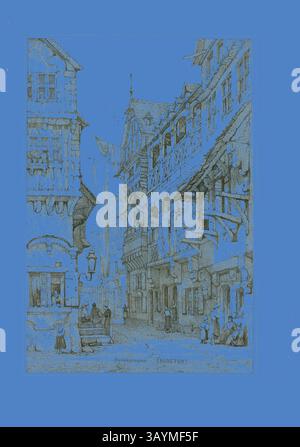 Eine bezaubernde Szene zeigt eine historische Straße, gesäumt von aufwendig gestalteten Gebäuden. Die Menschen treiben sich bei täglichen Aktivitäten um, während die Wäsche über dem gepflasterten Pfad trocknet und der malerischen Umgebung einen Hauch von Leben verleiht. Sachsenhausen Francfort, 1833, Samuel Prout (Englisch, 1783-1852), vermutlich gedruckt von Charles Joseph Hullmandel (Englisch, 1789-1850), wahrscheinlich herausgegeben von Rudolph Ackermann (Englisch, 1764-1834), England, Lithographie in Schwarz auf grau-elfenbeinfarbenem Chine, niedergelegt auf Elfenbeinpapier, 290 x 425 mm (Bild), 310 x 445 mm (Grundstütze), 345 x 500 mm ( Stockfoto