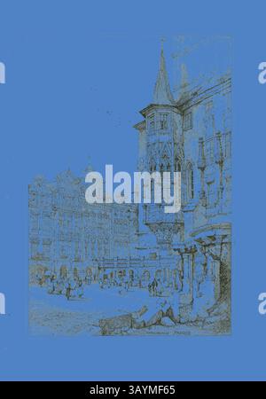 Eine detaillierte architektonische Zeichnung zeigt einen historischen Platz mit kunstvollen Gebäuden und aufwändig gestalteten Fassaden. Die Szene fängt eine lebhafte Atmosphäre mit Fußgängern und lebendigen Elementen des städtischen Lebens ein. Hotel de Ville, Prag, 1833, Samuel Prout (Englisch, 1783-1852), vermutlich gedruckt von Charles Joseph Hullmandel (englisch, 1789–1850), wahrscheinlich herausgegeben von Rudolph Ackermann (englisch, 1764–1834), England, Lithographie in Schwarz auf grau-elfenbeinfarbenem Chine, gelegt auf elfenbeinfarbenem Webpapier, 290 x 425 mm (Bild), 310 x 445 mm (Grundstütze), 345 x 500 mm (Sekundärstütze) Klassische Kunst mit Stockfoto