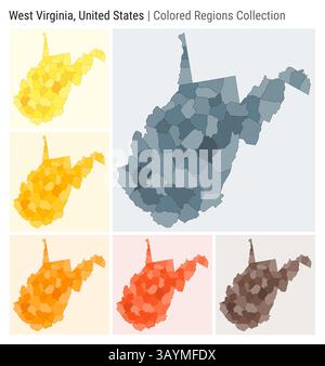West Virginia, Usa. Kartensammlung. Statusform. Farbige Bezirke. Blaugrau, Gelb, Bernstein, Orange, Deep Orange, braune Farbpaletten. Stock Vektor
