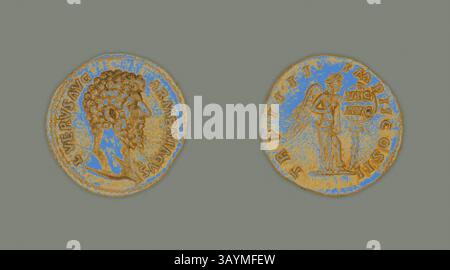 Alte Münzen mit komplizierten Mustern, auf der einen Seite das Profil eines Herrschers mit Lorbeerkranz, auf der anderen eine stehende Figur, möglicherweise eine Gottheit oder Personifikation, sowie Inschriften, die auf ihre Bedeutung hinweisen. Aureus (Münze) mit Darstellung des Kaisers Lucius Verus, Dezember 163 n. Chr./Dezember 164 n. Chr., herausgegeben von Marcus Aurelius und Lucius Verus, Roman, geprägt in Rom, Rom, Gold, Durchm. 1,9 cm, 7,24 g Klassische Kunst mit modernem Touch, neu interpretiert von Artotop Stockfoto