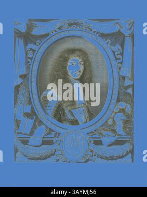 Ein königliches Porträt mit einem Mann mit langen, lockigen Haaren in kunstvoller Rüstung, eingerahmt von raffinierten Vorhängen und Adelssymbolen vor einem leuchtend blauen Hintergrund. Louis XIV, 1663, Robert Nanteuil, Französisch, 1623-1678, Frankreich, Gravur auf Papier, 405 x 334 mm (Platte), 515 x 401 mm (Blatt) Klassische Kunst mit einem modernen Twist von Artotop Stockfoto